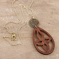 Brass and wood pendant necklace, 'Majestic Drop' - Acacia Wood and Brass Pendant Necklace from India