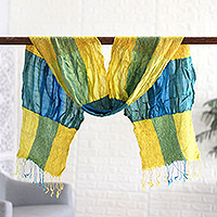 100% silk scarf, 'Yellow Mystique Saga' - 100% Silk Yellow Checkered and Ruffled Scarf Woven in India