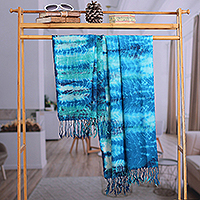 Tie-dyed wool shawl, 'Cyan Calm' - Shibori Tye-Dye Cyan and Indigo Wool Shawl with Fringes