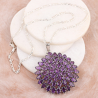 Rhodium-plated amethyst pendant necklace, 'Glamour Eyes' - Rhodium-plated Pendant Necklace with Amethyst Stones