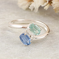 Kyanite wrap ring, 'Blue and Green Focus' - Sterling Silver Wrap Ring with Blue and Green Kyanite Stones
