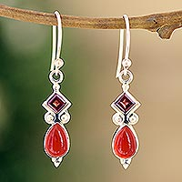 Garnet and carnelian dangle earrings, 'Dancing Red Gems' - Indian Garnet and Carnelian Dangle Earrings