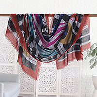 Wool shawl, 'Creative Combination' - Fringed Wool Shawl with Screen-Printed and Stitching Accents