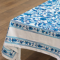 Embroidered cotton tablecloth, 'Blooming Serenity' - Teal and Turquoise Floral Embroidered Cotton Tablecloth