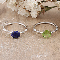Lapis lazuli and peridot solitaire rings, 'Luminous Alliance' (pair) - Pair of Lapis Lazuli and Peridot Solitaire Rings from India