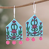 Ceramic dangle earrings, 'Pink Garden' - Ceramic Floral Dangle Earrings with Hand-Painted Details