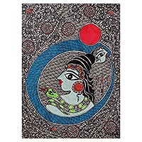 Madhubani painting, 'Gangadhar Shiva' - Gangadhar Shiva Acrylic and Dyes on Paper Madhubani Painting