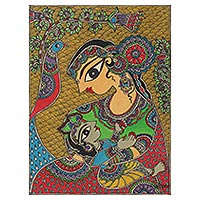 Madhubani painting, 'Yashoda with Krishna' - Yashoda Krishna Acrylic & Dyes on Paper Madhubani Painting