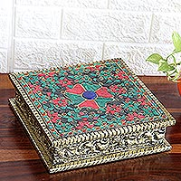Nickel-plated brass jewelry box, 'Glorious Treasure' - Handmade Embossed Jewelry Box with Beaded Floral Pattern
