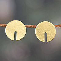 Brass button earrings, 'Solar Future' - Brushed-Satin Finished Minimalist Brass Button Earrings