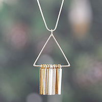 Sterling silver and brass waterfall pendant necklace, 'Triangular Choices' - Modern Sterling Silver and Brass Waterfall Pendant Necklace
