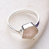 Rose quartz single stone ring, 'Pink Pentagon' - High-Polished 3-Carat Pentagon Rose Quartz Single Stone Ring