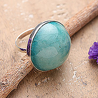 Ceramic cocktail ring, 'Green Sea' - Hand-Painted Crackled Ceramic Sterling Silver Cocktail Ring