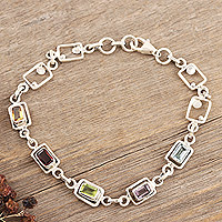 Multi-gemstone link bracelet, 'Colorful Consonance' - Multi-gemstone Sterling Silver Link Bracelet from India