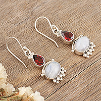 Rainbow moonstone and garnet dangle earrings, 'Dual Love' - Rainbow Moonstone & Garnet Sterling Silver Dangle Earrings