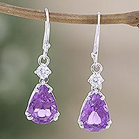 Amethyst and cubic zirconia dangle earrings, 'Graceful Clarity' - Sterling Silver Dangle Earrings with Faceted Amethyst Stones
