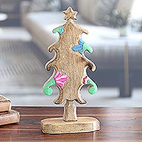 Wood sculpture, 'Holiday Blooms' - Hand-Carved Christmas Tree Sculpture with Colorful Blooms