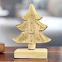 Wood sculpture, 'Christmas Warmth' - Mango Wood Christmas Tree Sculpture with Gold Tone