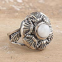 Rainbow moonstone cocktail ring, 'Harmonious Queen' - Floral Sterling Silver Cocktail Ring with Rainbow Moonstone