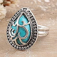Sterling silver cocktail ring, 'Vine Drop' - Polished Sterling Silver Cocktail Ring with Recon Turquoise