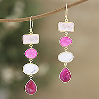 Gold-plated multi-gemstone dangle earrings, 'Pink Era' - Multi-Gemstone Dangle Earrings with 18k Gold Plating