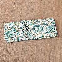 Cotton roll pencil case, 'Leafy Friends' - Cotton Roll Pencil Case with Hand-Block Printed Leafy Design
