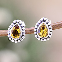 Citrine stud earrings, 'Dazzling Happiness' - Sterling Silver Stud Earrings with Pear-Shaped Citrine Gems