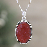 Onyx pendant necklace, 'Leaf Charm' - Red Onyx Pendant Necklace Crafted from Sterling Silver