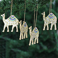 Beaded wood ornaments, 'Sparkling Desert' (set of 4) - Set of 4 Handmade Beaded Wood Camel Ornaments with Cords