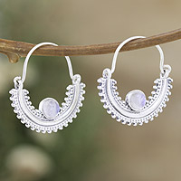 Rainbow moonstone half-hoop earrings, 'Misty Cradle' - Sterling Silver Half-Hoop Earrings with Rainbow Moonstones