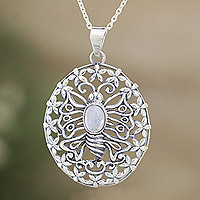 Rainbow moonstone pendant necklace, 'Chic Butterfly' - 925 Silver Butterfly Pendant Necklace with Rainbow Moonstone