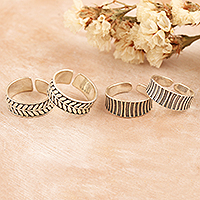Sterling silver toe rings, 'Leaves and Stripes' (2 pairs) - Leafy and Striped Sterling Silver Toe Rings (2 Pairs)