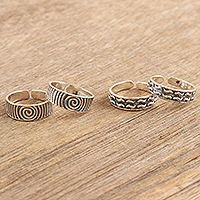 Sterling silver toe rings, 'Spirals and Lines' (2 pairs) - Sterling Silver Toe Rings in a Combination Finish (2 Pairs)
