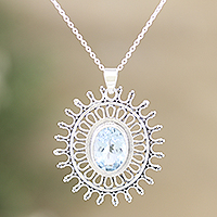 Blue topaz pendant necklace, 'Iridescent Sun' - 6-Carat Blue Topaz Pendant Necklace from India