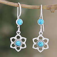 Sterling silver dangle earrings, 'Lagoon Flowers' - Floral Sterling Silver Dangle Earrings with Recon Turquoise