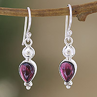 Garnet dangle earrings, 'Noble Passion' - Polished Sterling Silver Dangle Earrings with Faceted Garnet