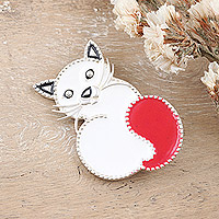 Sterling silver brooch pin, 'Fancy Cat' - Red Cat-Themed Sterling Silver Brooch Pin from India