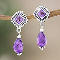 Amethyst dangle earrings, 'Royal Wisdom' - 4-Carat Amethyst Dangle Earrings Made From Sterling Silver