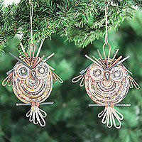Recycled paper ornaments, 'Wise Guardians' (pair) - Handcrafted Recycled Paper Owl Ornaments from India (Pair)