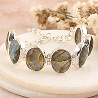 Labradorite link bracelet, 'Magic Shields' - Sterling Silver Link Bracelet with 60-Carat Labradorite Gems