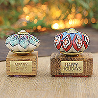 Wood stamps, 'Colorful Greetings' (set of 2) - Set of 2 Mango Wood Stamps Painted by Hand in India