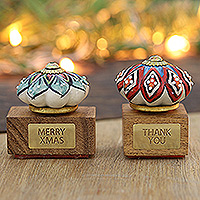 Wood and ceramic stamps, 'Flourishing Greetings' (set of 2) - Ceramic and Brass Floral Stamps Crafted from Wood (Set of 2)