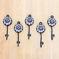 Ceramic coat hooks, 'Night Blooming' (set of 5) - Set of 5 Ceramic Coat Hooks with Hand-Painted Floral Details