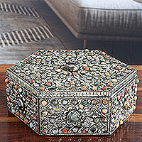 Embossed nickel-plated brass jewelry box, 'Garden Splendor' - Handcrafted Embossed Nickel-Plated Brass Jewelry Box