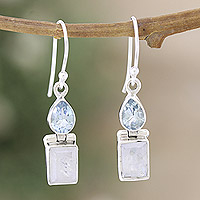 Rainbow moonstone and blue topaz dangle earrings, 'Iridescent & Chic' - Rainbow Moonstone Blue Topaz Sterling Silver Dangle Earrings