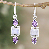 Amethyst and rainbow moonstone dangle earrings, 'Purple Prophecies' - 6-Carat Amethyst and Rainbow Moonstone Dangle Earrings