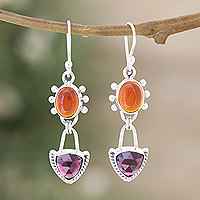 Carnelian and garnet dangle earrings, 'Courageous Crimson' - Carnelian Dangle Earrings with Faceted 5-Carat Garnet Gems