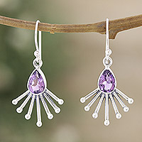 Amethyst dangle earrings, 'Crown of Wisdom' - Sterling Silver Dangle Earrings with Faceted Amethyst Gems