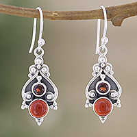 Carnelian and garnet dangle earrings, 'Lovely Red' - Sterling Silver Dangle Earrings with Carnelian and Garnet