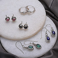 Gemstone earrings, 'Everyday Style' (set of 5) - Set of 5 Sterling Silver Gemstone Earrings from India